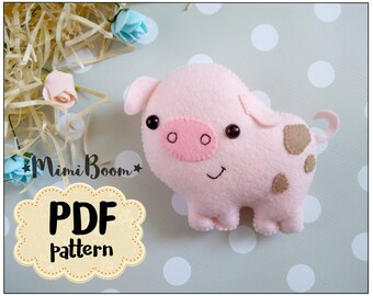 Felt pig pattern PDF tutoriall felt ornaments Pig sewing pattern DIY sewing plushies tutorial Farm ornaments Baby mobile farm pattern felt