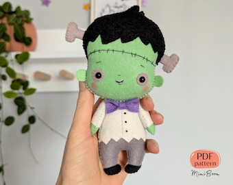 Pequeno e fofo enfeite de feltro para Halloween com PADRÃO Frankenstein Fácil faça você mesmo Artesanato de Halloween fofo e assustador Tutorial de costura digital