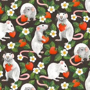 Rats Love Strawberries con fondo marrón retro por Micklyn Le Feuvre - Algodón / Poliéster / Jersey / Lienzo / Impreso digital
