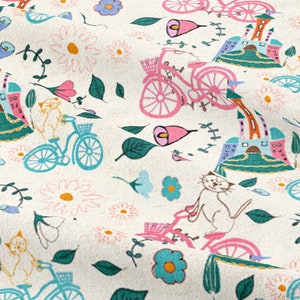 Kitten and Bike fabric By Bruxamagica - Cotton/ Polyester/ Jersey/ Canvas/ Digital Printed