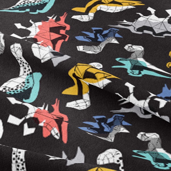 Geometric Dinos - Black Background Multicoloured Dinosaurs Shadows fabric by Selma Cardoso Cotton/Polyester/Jersey/Canvas/Digital Print