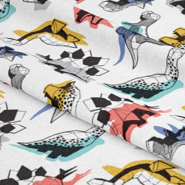 Geometric Dinos - White Background Multicoloured Dinosaurs Shadows fabric by Selma Cardoso Cotton/Polyester/Jersey/Canvas/Digital Print