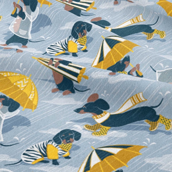 Ready for a Rainy Walk - Dachshunds Dog Rain Coats and Umbrellas fabric by Selma Cardoso Cotton/Polyester/Jersey/Canvas/Digital Print