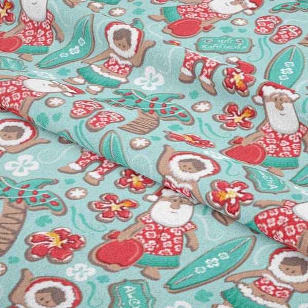 Mele Kalikimaka -Merry Christmas -Hawaiian Santa fabric by Selma Cardoso Cotton/ Polyester/ Jersey/ Canvas/ Digital Printed