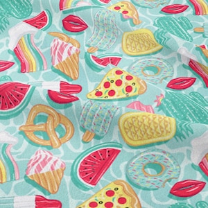 Epic Pool Floats - Pretzel Pizza Ice Cream Lolly Beach Sand Background fabric by Selma Cardoso Cotton/Polyester/Jersey/Canvas/Digital Print