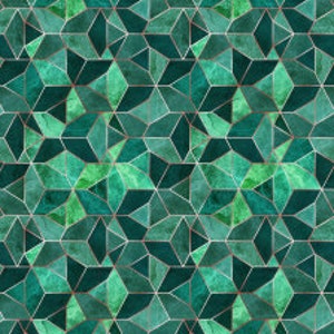 Puede incluir: Un patrón geométrico sin costuras de formas verdes y verde azulado con un sutil efecto acuarela. Las formas están dispuestas en un patrón repetitivo de estrellas y triángulos.