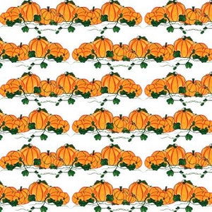May include: A seamless pattern of orange pumpkins with green vines on a white background. The pumpkins are arranged in rows and are of varying sizes.