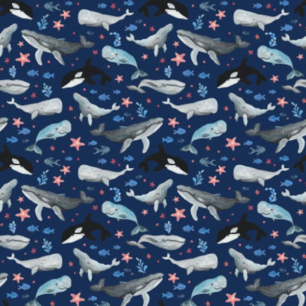 Whales Dark Blue fabric by fancyalice - Cotton/ Polyester/ Jersey/ Canvas/ Digital Printed