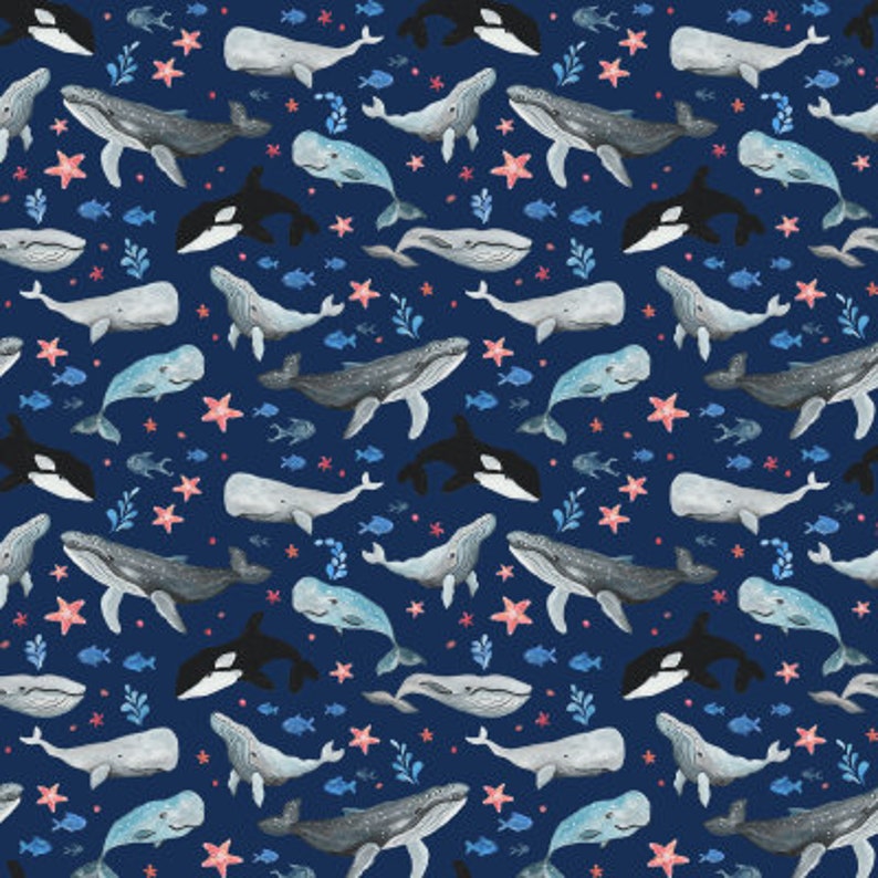 Whales Dark Blue Fabric by Fancyalice Cotton/ Polyester/ Etsy UK