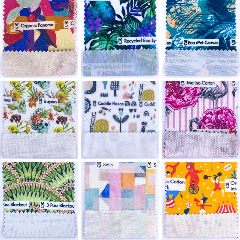 May include: Nine fabric swatches with different patterns and textures. The swatches are labeled with the names of the fabrics, including "Organic Panama", "Recycled Eco Ly", "Eco rPet Canvas", "Cuddle Fleece", "Melino Cotton", "3 Pass Blackout", "Satin", ".c Cotton", and "Or Int."