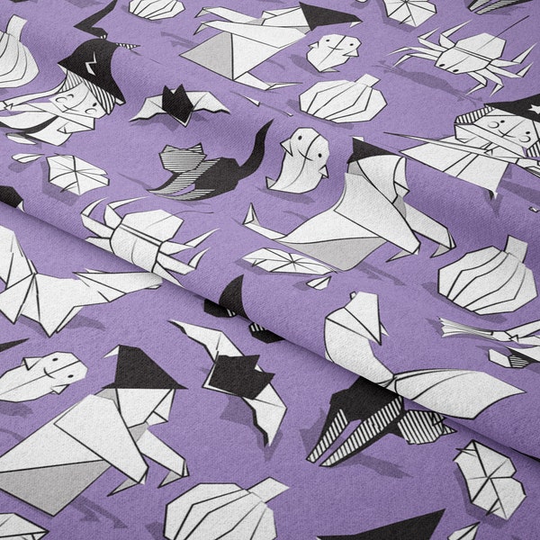 Halloween Origami Tricks - Violet fabric by SelmaCardoso - halloween - Cotton/ Polyester/ Jersey/ Canvas/ Digital Printed