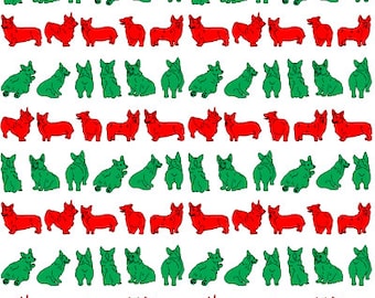 May include: A seamless pattern featuring red and green corgi dogs in various poses. The dogs are outlined in black and set against a white background.