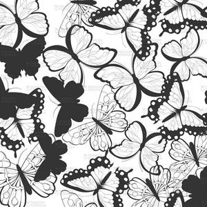 Hand drawn silhouette butterflies black and white fabric by Bluelela - Cotton/ Polyester/ Jersey/ Canvas/ Digital Printed