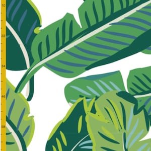 May include: A white background with a repeating pattern of green, blue, and white banana leaves.