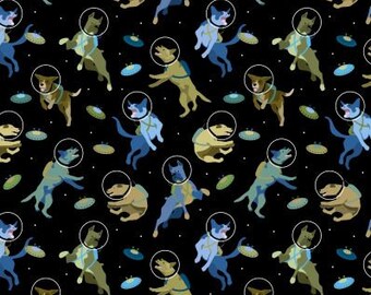 Space and Dogs Fabric Space Dogs and Flying Discs Large by ...