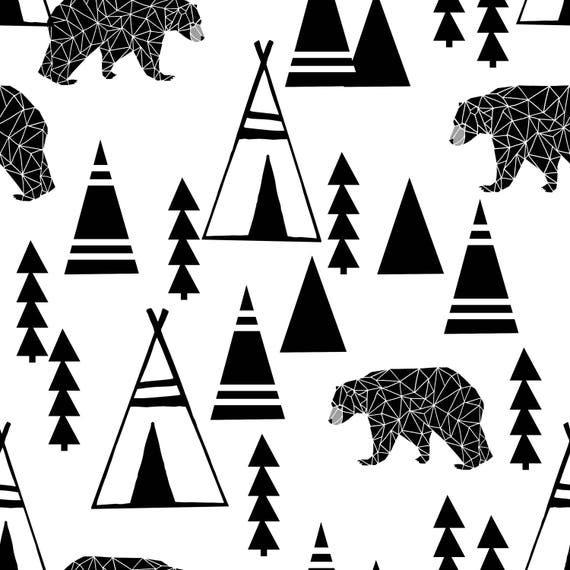 Teepee Forest - Black and white bear design fabric  by Andrea Lauren - large print - Cotton/ Polyester/ Jersey/ Canvas/ Digital Printed