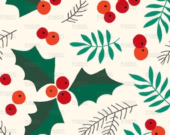 May include: A seamless pattern featuring green holly leaves with red berries, green fern-like leaves, and brown pine branches on a cream background.