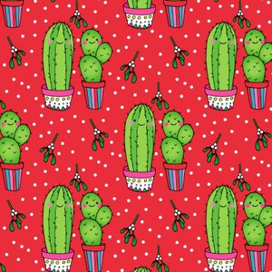 May include: A red background with white polka dots features a repeating pattern of green cacti with smiling faces. The cacti are in colorful pots and are decorated with mistletoe.