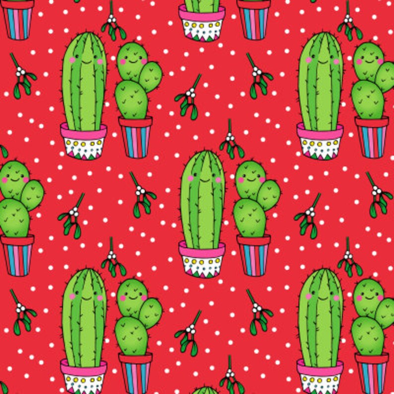 May include: A red background with white polka dots features a repeating pattern of green cacti with smiling faces. The cacti are in colorful pots and are decorated with mistletoe.