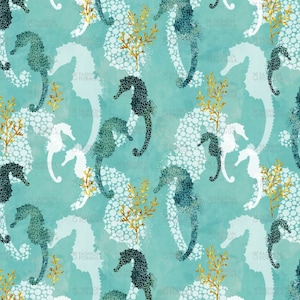Pointillism Seahorse Watercolours In Teal Fabric by AdenaJ - Cotton/ Polyester/ Jersey/ Canvas/ Digital Printed - Cute childrens