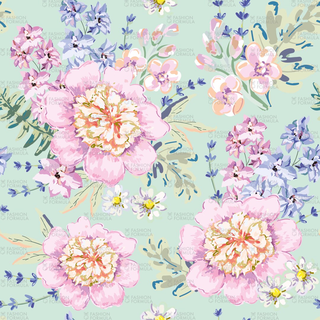 Pink and Lilac Peony Bouquets on Mint Background Floral Fabric by