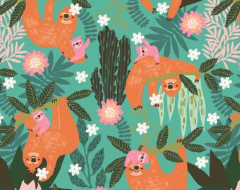 Happy Sloth Mothers and Babies - Jungle green fabric by Iryna Ruggeri - Cotton/ Polyester/ Jersey/ Canvas/ Digital Printed