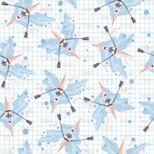 May include: A seamless pattern featuring a repeating design of a person rowing a boat on a blue and white background. The boat is pink and the oars are grey. The background is a light blue and white grid with blue and pink splatters.