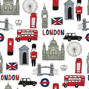 London - Brit fabric England Tourist International fabric - white by Andrea Lauren