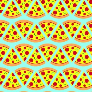 Pode incluir: Um padrão sem emendas de fatias de pizza em um fundo azul claro. Cada fatia é amarela com pepperoni vermelho e pimentões verdes.