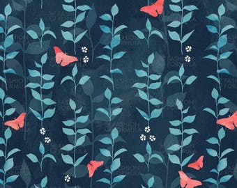 May include: A seamless pattern featuring a dark blue background with stylized blue leaves and red butterflies. The pattern is a repeating design.