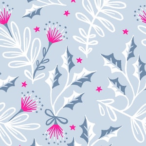 Festive Pohutukawa - Silver Pink fabric by andreaalice Floral Foliage Christmas- Fabric - Cotton/Polyester/Jersey/Canvas/Digital Printed