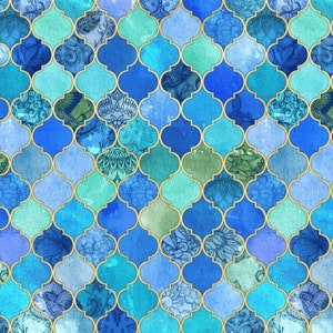Cobalt Blue and Aqua Decorative Moroccan Tiles with Gold fabric by Micklyn Le Feuvre - Cotton/Polyester/Jersey/Canvas/Digital Printed