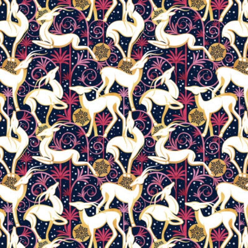May include: A seamless pattern featuring white stylized antelopes on a dark blue background. The antelopes are surrounded by pink and red floral designs and gold snowflakes.