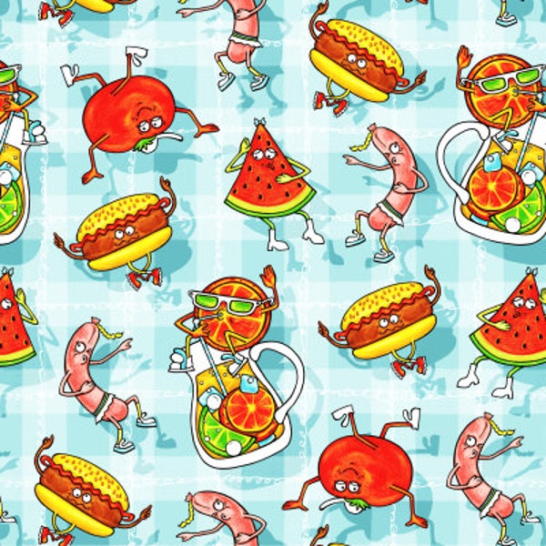 Delicious Party - Blue fabric by Iryna Ruggeri - BBQ Hot Dog Sausage Burger Apple Watermelon Cotton/Polyester/Jersey/Canvas/Digital Printed