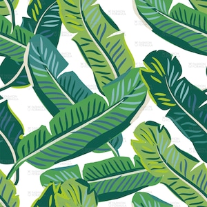 May include: A seamless pattern featuring green and blue banana leaves on a white background. The leaves are stylized and have a graphic, abstract look.