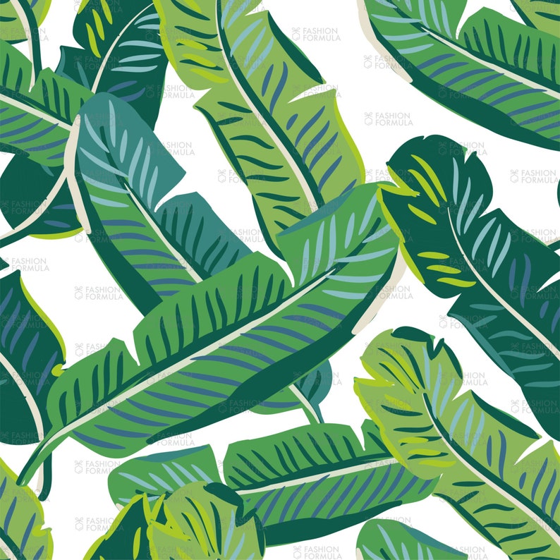 May include: A seamless pattern featuring green and blue banana leaves on a white background. The leaves are stylized and have a graphic, abstract look.