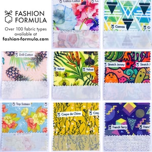 Puede incluir: Nueve muestras de tela con diferentes patrones y texturas. Las muestras est&aacute;n etiquetadas con el tipo de tela, incluyendo Calico Cotton, Canvas, Drill Cotton, Velvet, Stretch Jersey, Top Sateen, Crepe de Chine, French Terry. El texto "FASHION FORMULA" y "Over 100 fabric types available at fashion-formula.com" est&aacute; en la parte superior de la imagen.