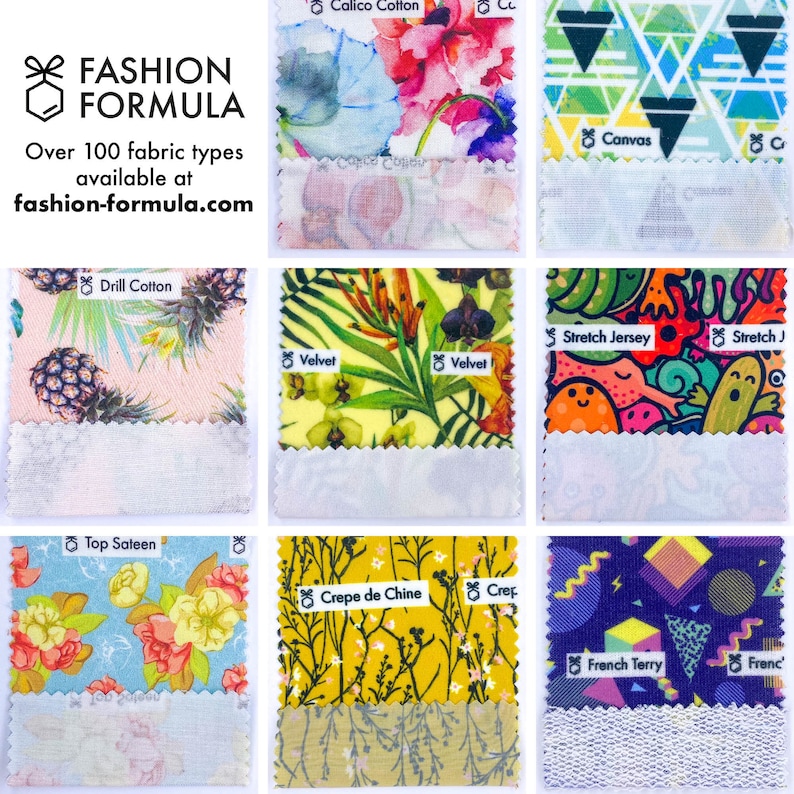 Puede incluir: Nueve muestras de tela con diferentes patrones y texturas. Las muestras est&aacute;n etiquetadas con el tipo de tela, incluyendo Calico Cotton, Canvas, Drill Cotton, Velvet, Stretch Jersey, Top Sateen, Crepe de Chine, French Terry. El texto "FASHION FORMULA" y "Over 100 fabric types available at fashion-formula.com" est&aacute; en la parte superior de la imagen.