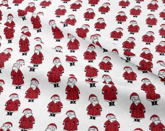 May include: White fabric with a repeating pattern of red Santa Claus figures. Each Santa is wearing a red suit with white trim and a white beard. The background is white.