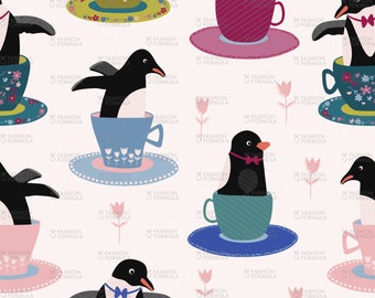 Teacup Penguins - Pink fabric print by Erinkdesign - Cotton/ Polyester/ Jersey/ Canvas/ Digital Printed