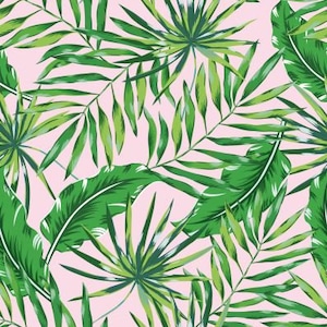 以下が含まれることがあります： 薄いピンクの背景に、緑色の熱帯の葉が描かれたシームレスなパターンです。