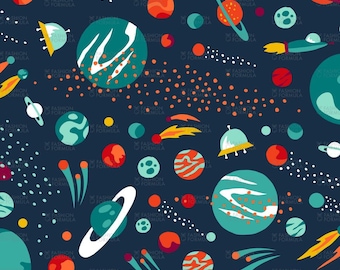 Planets In Space Adventure fabric by heleen_vd_thillart - Cotton/ Polyester/ Jersey/ Canvas/ Digital Printed
