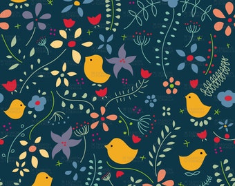 May include: A seamless pattern featuring yellow birds, flowers, and leaves on a dark blue background. The flowers are in various colors, including pink, red, blue, and yellow. The leaves are green and the birds are yellow with black eyes.