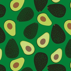 May include: A seamless pattern of avocados on a green background. The avocados are depicted in various orientations, some whole and some halved, revealing a light green interior and a brown seed. The design is a repeating pattern.