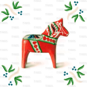 Dala Horse Folk Art in Red Fabric by ThistleandFox - Cotton/ Polyester/ Jersey/ Canvas/ Digital Printed