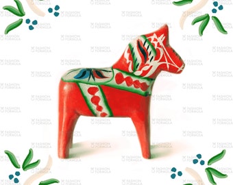 Dala Horse Folk Art in Red Fabric by ThistleandFox - Cotton/ Polyester/ Jersey/ Canvas/ Digital Printed