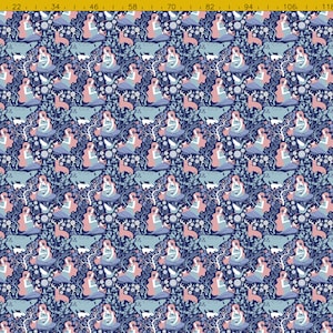 May include: A repeating pattern featuring a blue, pink and white illustration of a woman sitting in a forest. The woman is surrounded by trees, flowers and animals. The background is a dark blue colour.