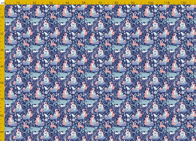 May include: A repeating pattern featuring a blue, pink and white illustration of a woman sitting in a forest. The woman is surrounded by trees, flowers and animals. The background is a dark blue colour.