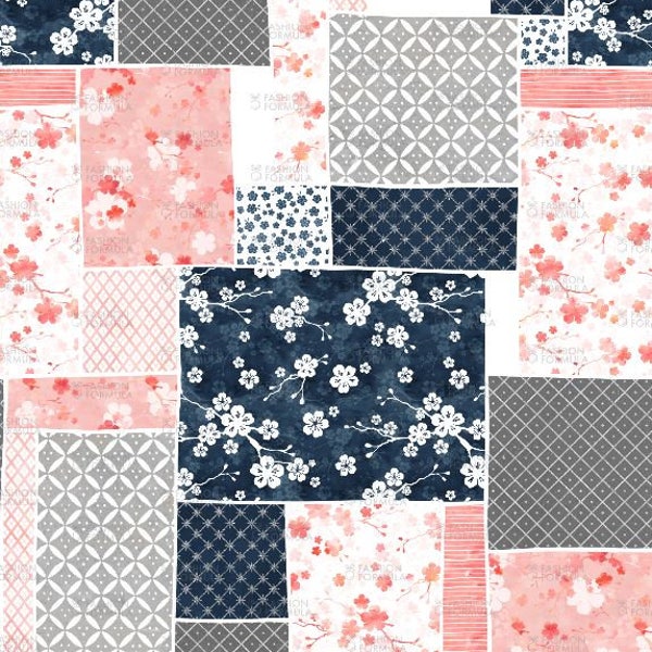 Cherry blossom patchwork long fabric by AdenaJ   - Cotton/ Polyester/ Jersey/ Canvas/ Digital Printed