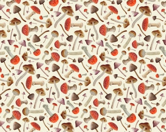 Marvelous Magic Mushroom scatter in cream fabric by Micklyn Le Feuvre -  fabric - Cotton/ Polyester/ Jersey/ Canvas/ Digital Printed